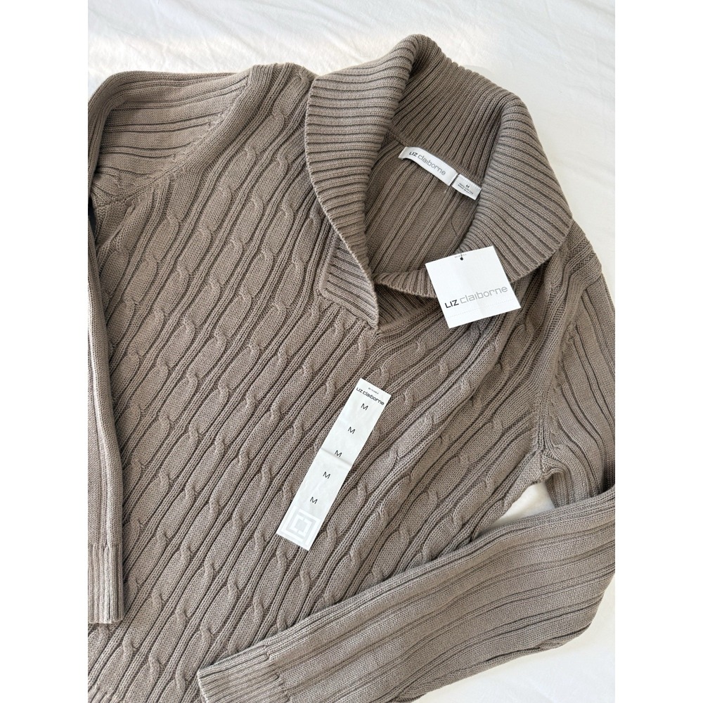 Liz Claiborne Taupe Cable Knit Shawl Collar Sweater - Women's M